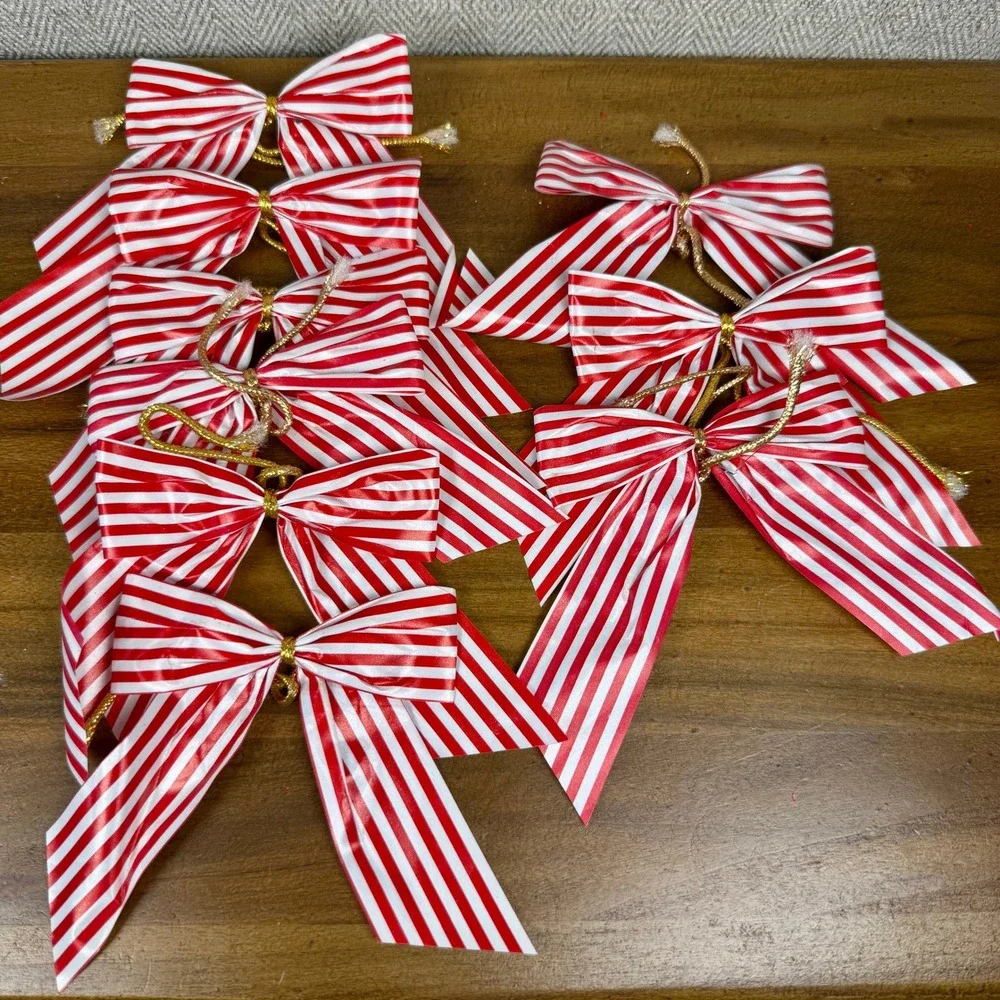 Vintage Christmas Bows Set 15 Red Velvet Striped Gold Cord Holiday Decor Accents